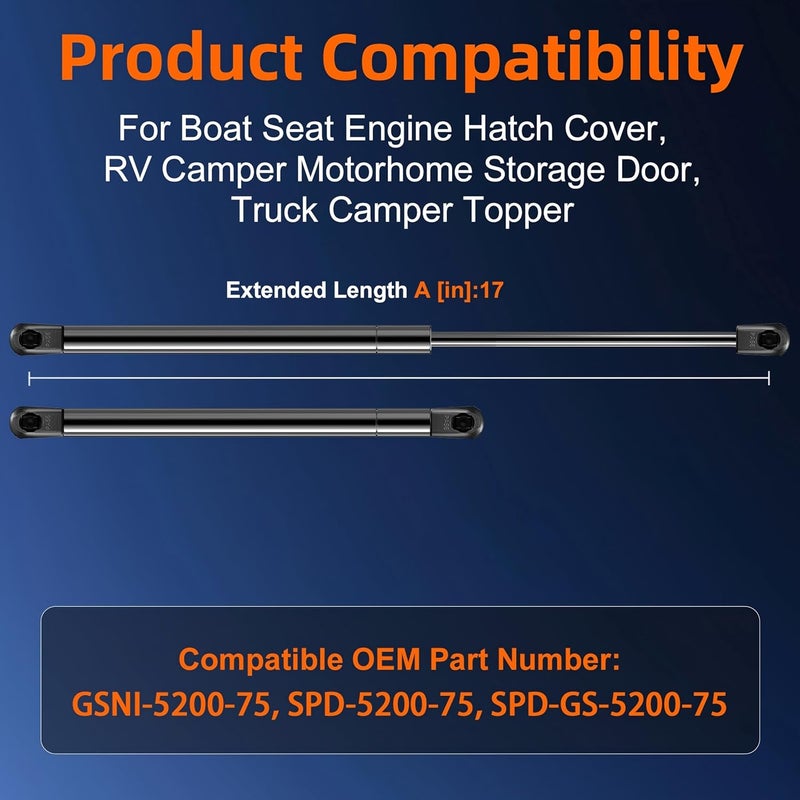 Euplokeer Qty (2) GSNI-5200-75 17in Gas Strut for Boat Seat Engine Hatch Cover, ML36-75 Gas Spring for Truck Camper Topper, LGP6-170-75 Shock Lift Support for RV Camper Motorhome Storage Door - Image 2